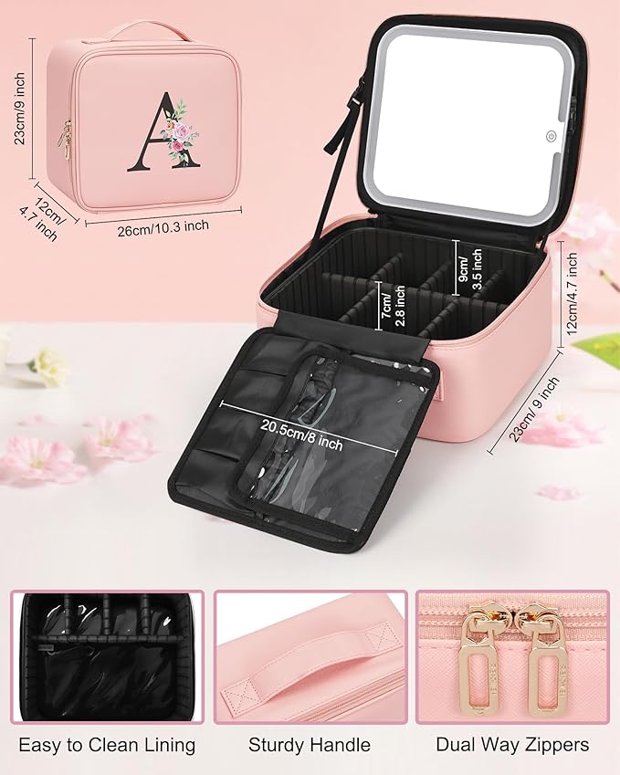 Relavel Initial Makeup Bag with LED Mirror for Women Girls, Personalized Travel Cosmetic Organizer Train Case, Birthday Gifts for Grandkids Bridesmaid Graduation Teacher Friends, Trendy Stuff, Pink T