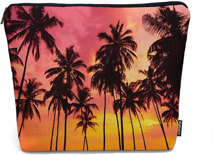 Tropical Beach Makeup Bags Makeup Organizer, Hawaii Ocean Beach Palm Trees Sunset Flax Toiletry Bags Travel Cosmetic Bag Makeup Purse Pouch Skincare Bag Wallet Bags For Women Female Mom