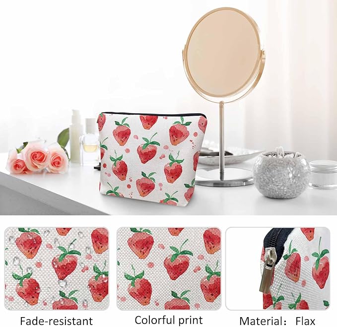 Strawberry Cosmetic Travel Bag For Toiletries, Summer Fruits Strawberry Red Makeup Bag Toiletry Bags For Women, Flax Cosmetic Bags Make Up Bag Purse Toiletries Bag Birthday Gift