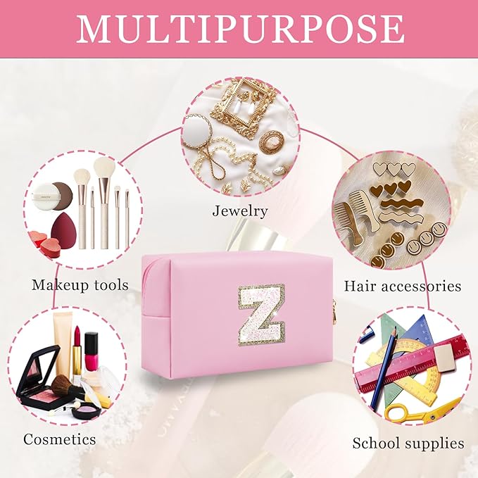Initial Letter Patch Makeup Bag, Preppy Glitter Pouch Cosmetic Bag, Small PU Travel Toiletry Bag Zipper, Personalized Monogrammed Gift for Friends, Sisters & Teens (Letter Z)