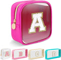 Mini Clear Personalized Initial Makeup Bag,Nylon Preppy A-Z Chenille Letter Patch Zipper Cosmetic Bag, Small Cute Beach Pouch Travel Purse Sanitary Napkin Storage Bag for Women Girls(Hot Pink-White A)