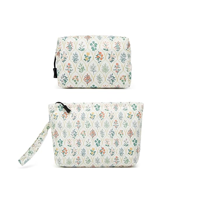 Makeup bag set small Cosmetic bag for women purse Corduroy Organizer with interior Pockets Pencil zipper Pouch travel Toiletry Bag with handle(Multi-Plants)