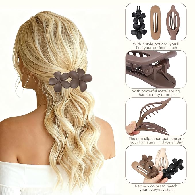 12 PCS Flat Hair Clips - 3 Styles Matte Flat Claw Clips Set Duckbill Barrettes for Women, No-Slip Strong Hold for Thin and Thick Hair, Hair Accessories for Girls Gift (Brown)