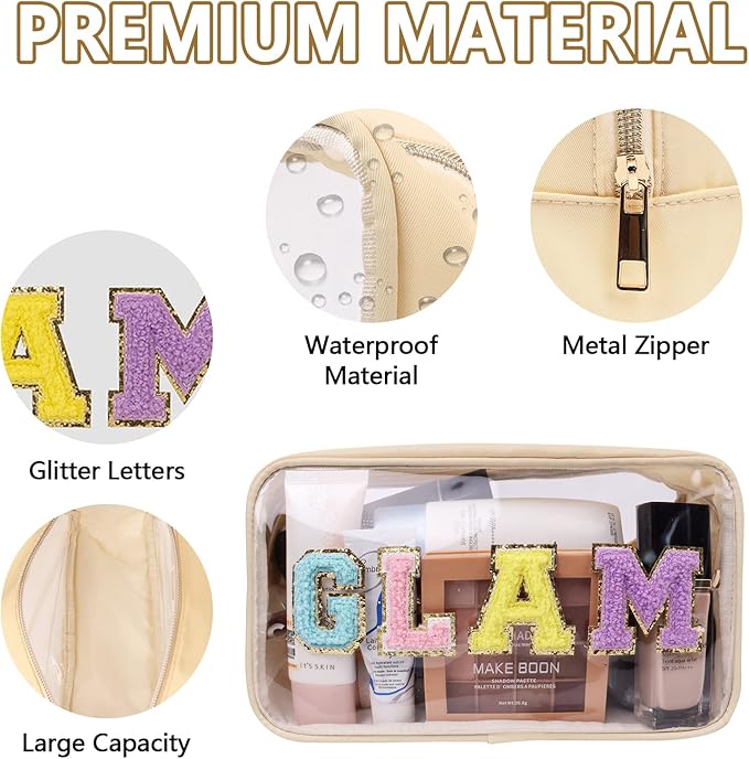 Iqimott Clear Patch Makeup Bag Monogram Pouch, Preppy Personalized Chenille Letter Cosmetic Pouch for Travel, Nylon Waterproof Organizer Travel Essentials Zipper Toiletry Bags for Women Girls(Beige)