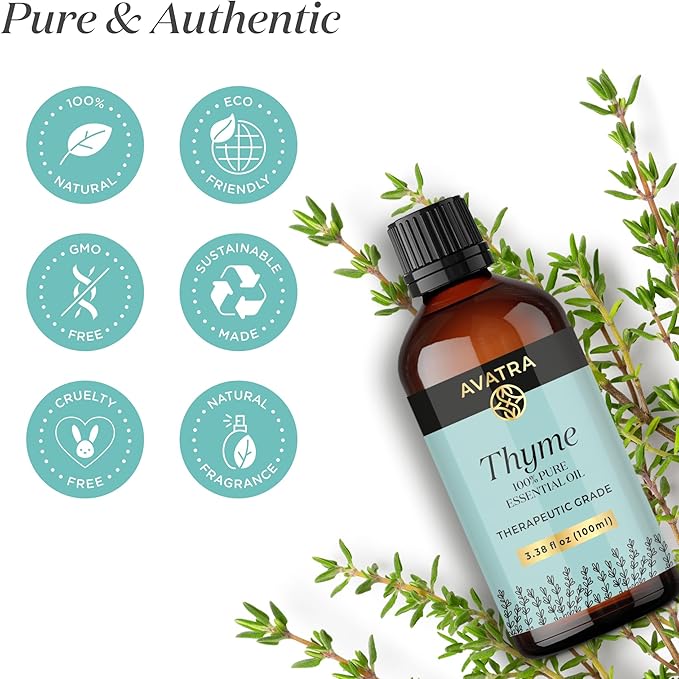 Avatra Thyme Essential Oil 100ML (3.38 OZ) with Glass Dropper and Travel Bottle, Pure and Natural Therapeutic Grade Thyme Oil for Diffuser, Aromatherapy, Massage, and DIY Candle Products