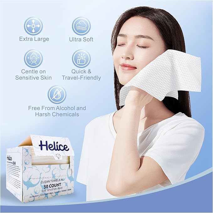 Helice Face Towels, 10"×12" Disposable Face Towel, Face Towelettes XL, Ultra Soft Makeup Remover Dry Wipes, Thick Face Towel for Sensitive Skin, 50 Count (1 Pack)