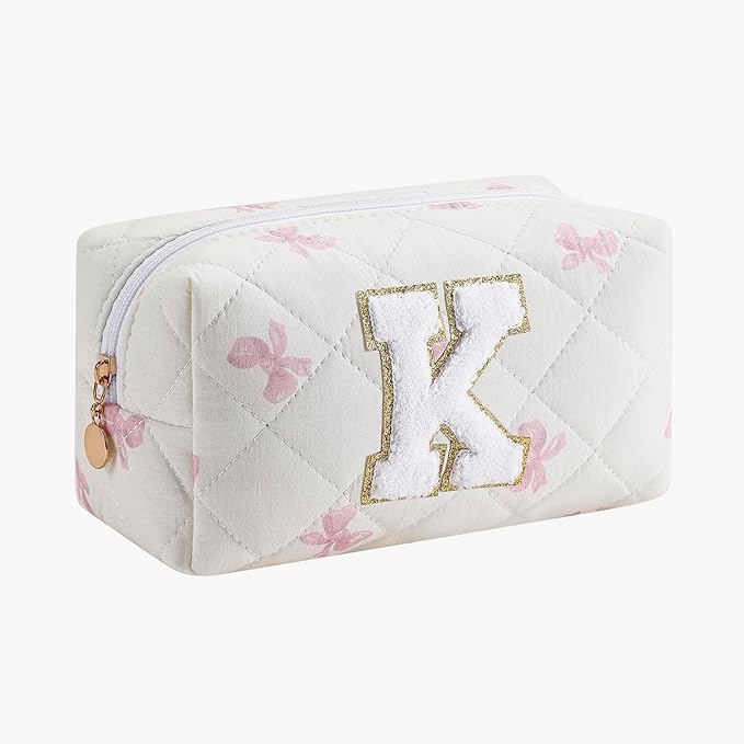 Gleyemor Personalized Initial Makeup Bag for Women, Cute Quilted Pink Floral Cotton Cosmetic Bag, Christmas Gifts for Her Mom Friend Sister Bridesmaid Teacher Women K