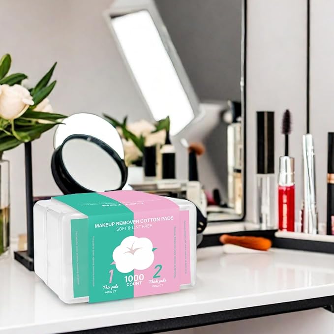 Square Makeup Cotton Pads, 200 Thick and 800 Ultra-Thin Soft, Lint-Free Pads for Makeup Removal, Toner Application and Daily Skincare
