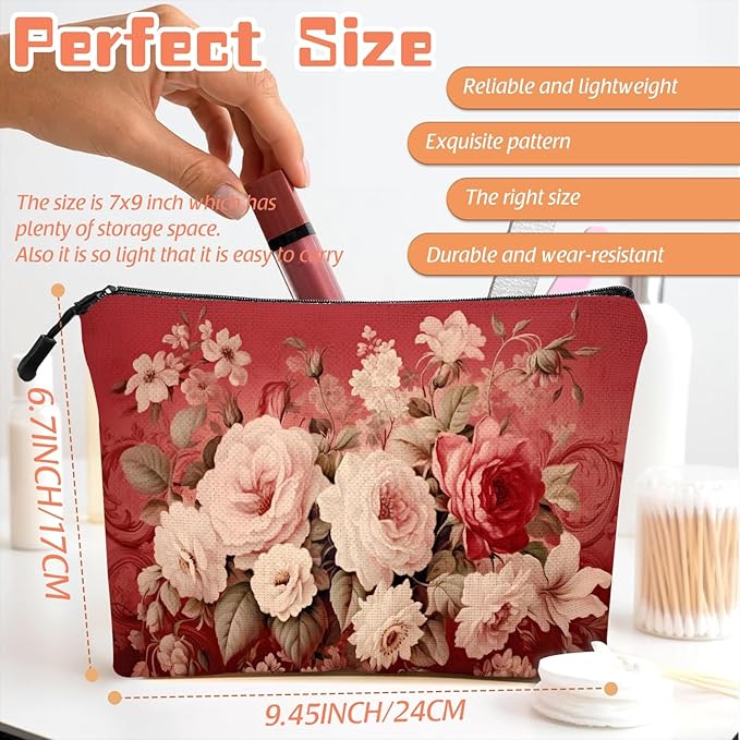 Cosmetic Bags Travel Makeup Toilet Case Waterproof Pouch for Women Girls 6.7X9.45inches - Assorted Pale - Colored Flowers on A Red Ornamental Background