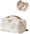 EACHY Travel Makeup Bag,Large Capacity Cosmetic Bags for Women,Waterproof Portable Pouch Open Flat Toiletry Bag Pattern Makeup Bag (F-Beige-Large)