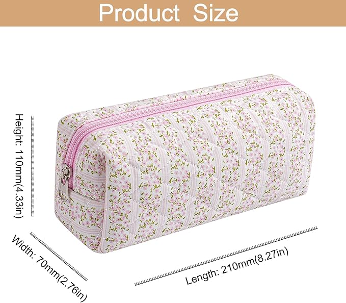 Cute Floral Cotton Makeup Brush Cosmetic Bag for Women, Travel Quilted Zipper Make Up Bag, Flowers Toiletry Organizer Case Kawaii Makeup Cosmetic Travel Cloth Pouch (Pink+Purple Floral)