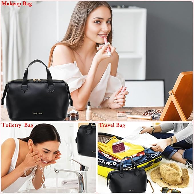 Travel Makeup Bag, Large Wide-open Cosmetic Bag Make Up Organizer Case for Women, Waterproof PU Leather Toiletry Bag Skincare Pouch for Toiletries Accessories Brushes