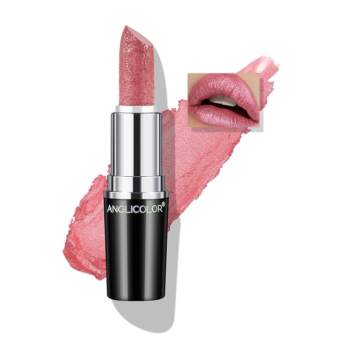 Anglicolor Glitter Metallic Pink Lipstick,High Impact Lipcolor,Lightweight Hydrating Formula Smooth and Non-Sticky,Peach Lipstick For Women,Full-Coverage Lip Makeup (02 PINK GEMSTONE, 4g)