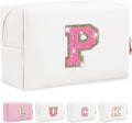 Personalized Initial Makeup Bag, Small Preppy Glitter Letter Cosmetic Pouch, PU Waterproof Zipper Travel Toiletry Bag, Unique Letter Patch Makeup Organizer Gift for Women Teen Girls