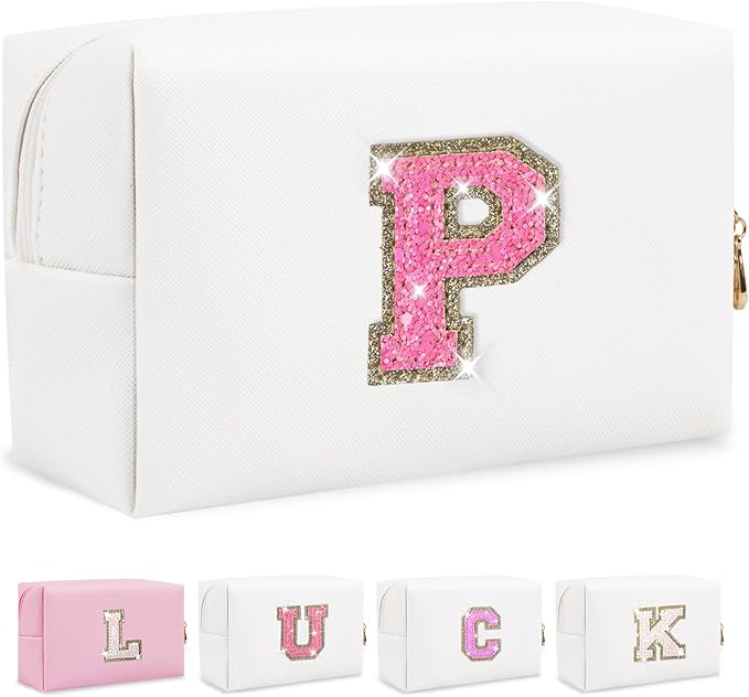 Personalized Initial Makeup Bag, Small Preppy Glitter Letter Cosmetic Pouch, PU Waterproof Zipper Travel Toiletry Bag, Unique Letter Patch Makeup Organizer Gift for Women Teen Girls