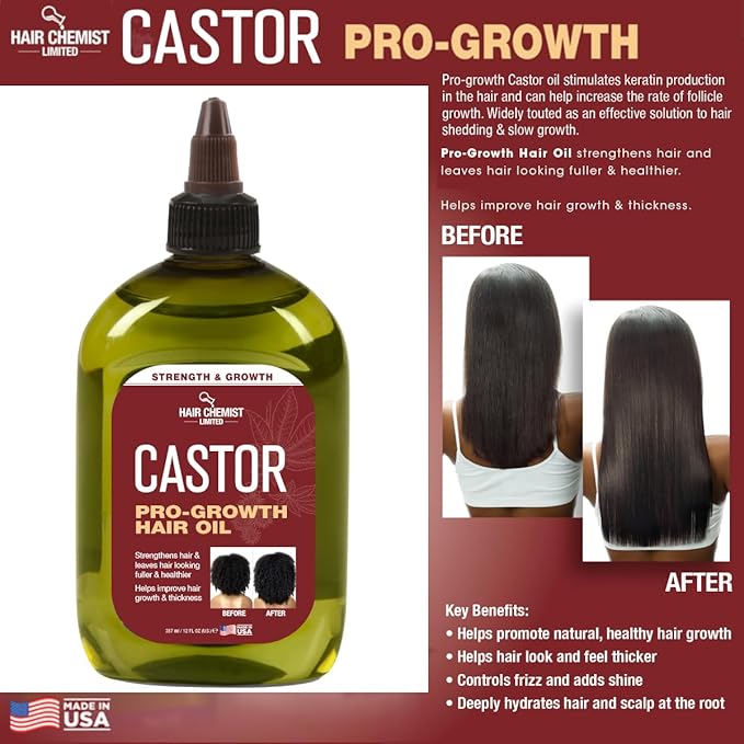 Hair Chemist Pro-Growth Natural Castor Hair Oil, Large 12 oz. - Strengthening & Growth Stimulator for Hair Growth