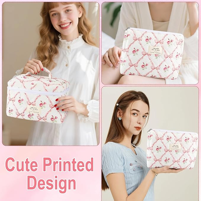 2Pcs Cotton Quilted Makeup Bag for Women Girls Large Small Travel Floral Cosmetic Bags Set Cute Coquette Pink Makeup Pouch for Purse Aesthetic Cloth Flower Storage Toiletry Bag Organizer