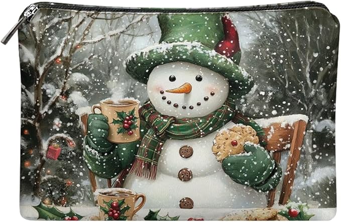 COEQINE Mini Cosmetic Bags for Women Leather Makeup Bag Large Travel Make up Brush Case Toiletry Bag for Womens Holiday Birthday Christmas Gifts,Cute Snowman Designer