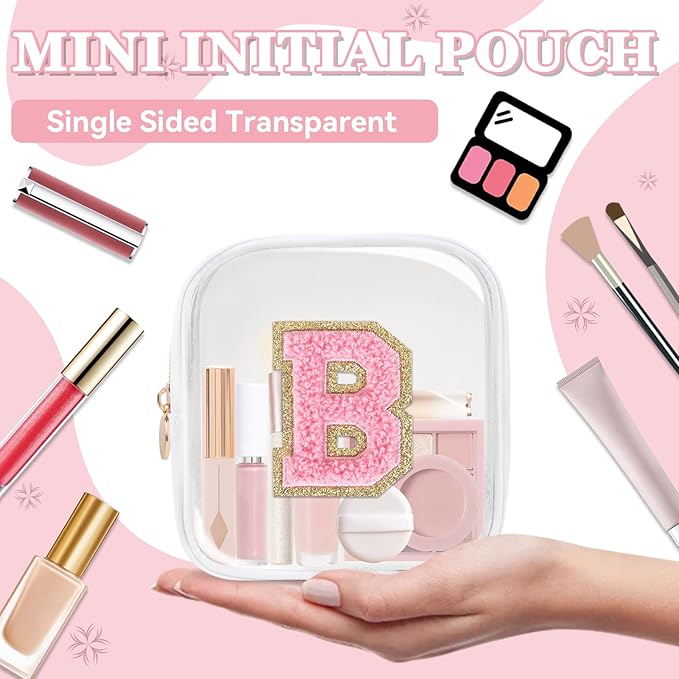 Mini Clear Personalized Initial Makeup Bag,Nylon Preppy A-Z Chenille Letter Patch Zipper Cosmetic Bag, Small Cute Beach Pouch Travel Purse Sanitary Napkin Storage Bag for Women Girls(White-Pink B)