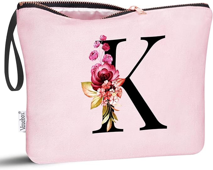 Vavabox A-Z Personalized Makeup Bag, Birthday Gifts for Women Mom, Gifts for Best Friend, Bride Bridesmaid Cosmetic bag (K, Pink)