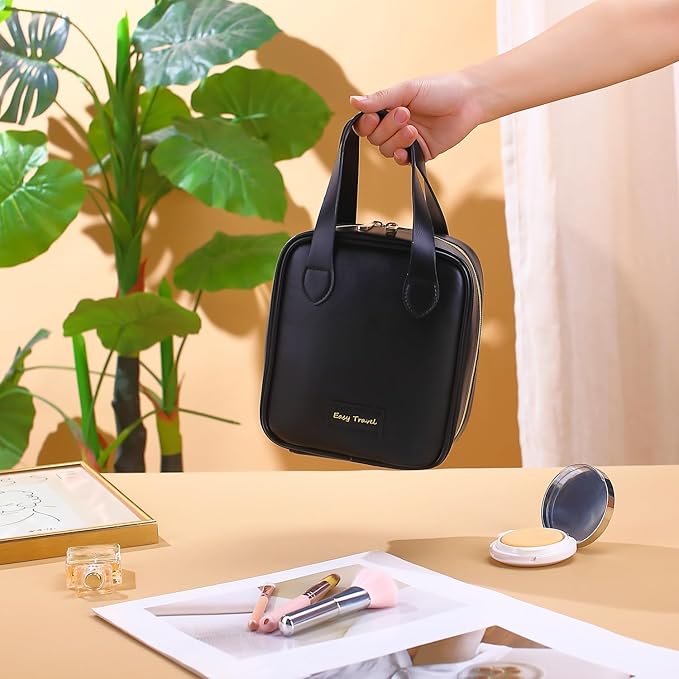 Travel Makeup Bag, Large Flat-Open Cosmetic Bag Make Up Organizer Case for Women, Waterproof PU Leather Toiletry Bag with Brush Compartment Skincare Pouch for Toiletries Accessories