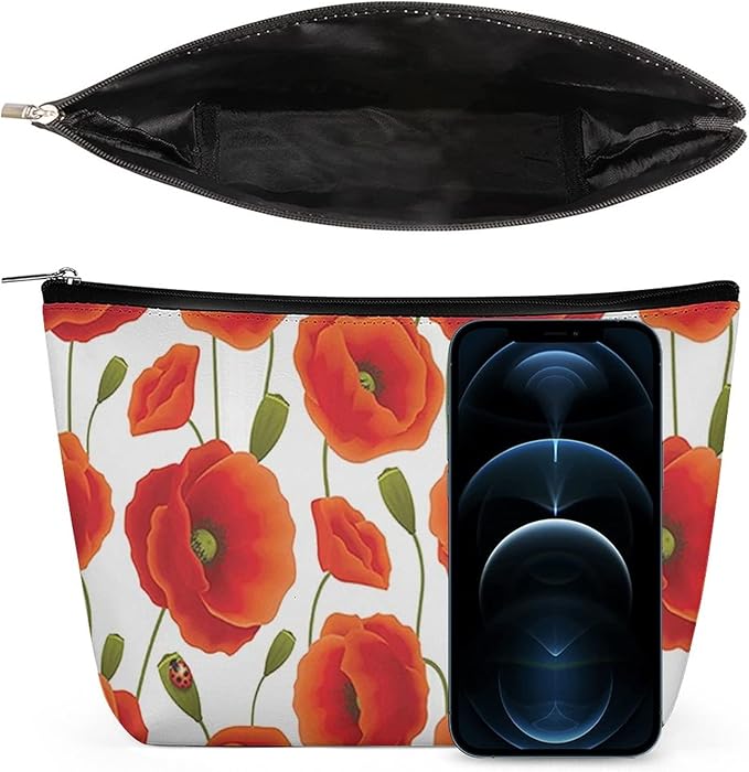 Fashion Makeup Cosmetic Case Clutch Bag, Floral of Red Flowers Pattern Travel Makeup Train Case Organizer Large Capacity Carry On Bag, Luggage Pouch, Makeup Pouch for Women