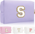 Personalized Initial Letter Patch Makeup Bag, Preppy Small Chenille Letter Cosmetic Bag with Zipper, PU Leather Waterproof Travel Toiletry Bag Monogram Make Up Pouch for Women Girls(Letter S)
