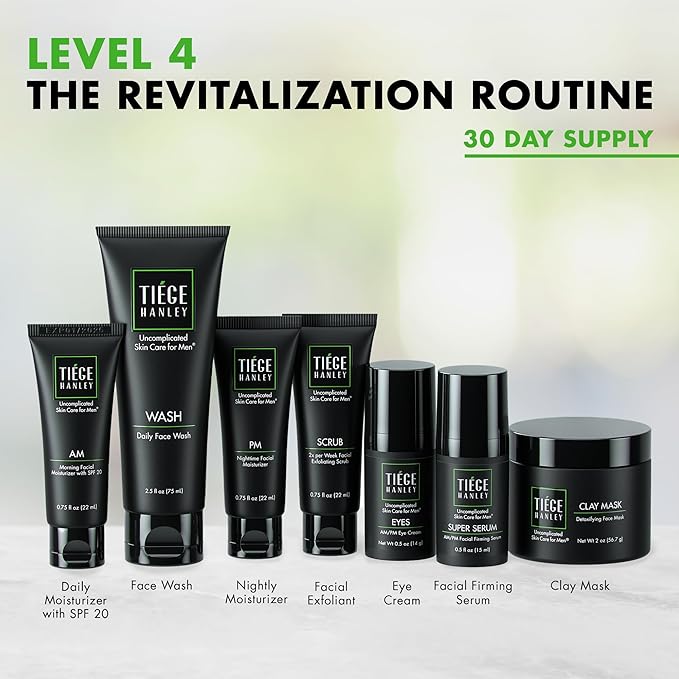 Tiege Hanley Skin Care Set for Men, Revitalization Routine, System Level 4, Face Wash, Scrub, Moisturizers, Eye Cream, Serum, & Clay Mask for Healthy, Hydrated Skin, Men’s Skin Care, 7 Piece Kit