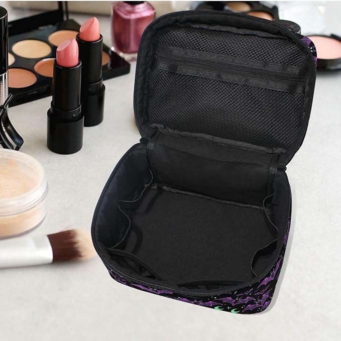 MNSRUU Makeup Bags, Neon Purple and Bats Stars and Moons Makeup Organizer Bags Toiletry Bag Box Travel Cosmetic Bag Make Up Train Case for Women Teen Girl Ladies