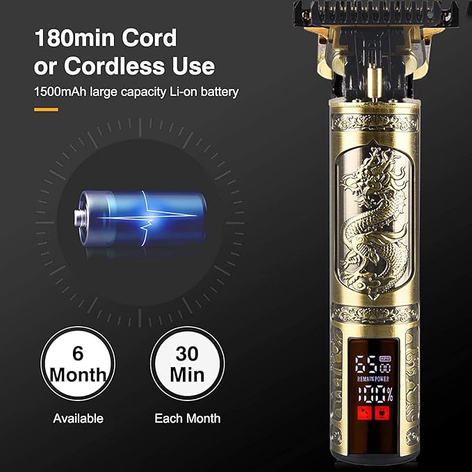 Hair Clippers for Mens Cordless Hair Trimmer T-Blade Trimmer Professional Haircut & Grooming Kit Rechargeable Edgers Clippers Hair Trimmer Shaver Cutting Kit with LCD Display (Led-Dragon)