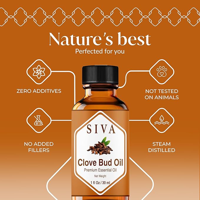 Siva Clove Bud Essential Oil - 1 Fl Oz – 100% Natural Clove Bud Oil - for Diffuser, Face, Skin Care, Aromatherapy, Hair Care, Scalp and Body Massage - with Dropper