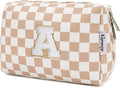 Narwey Christmas Gifts for Women Personalized Initial Makeup Bag, Teen Girls Trendy Stuff 10 11 12 13 14 16 18 Years Old Travel Toiletry Cosmetic Bag, Gift for Bridesmaid Teacher Graduation (Brown A)