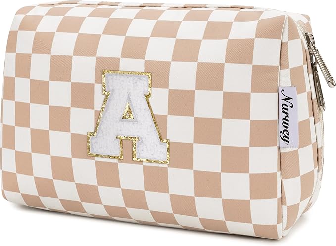 Narwey Christmas Gifts for Women Personalized Initial Makeup Bag, Teen Girls Trendy Stuff 10 11 12 13 14 16 18 Years Old Travel Toiletry Cosmetic Bag, Gift for Bridesmaid Teacher Graduation (Brown A)