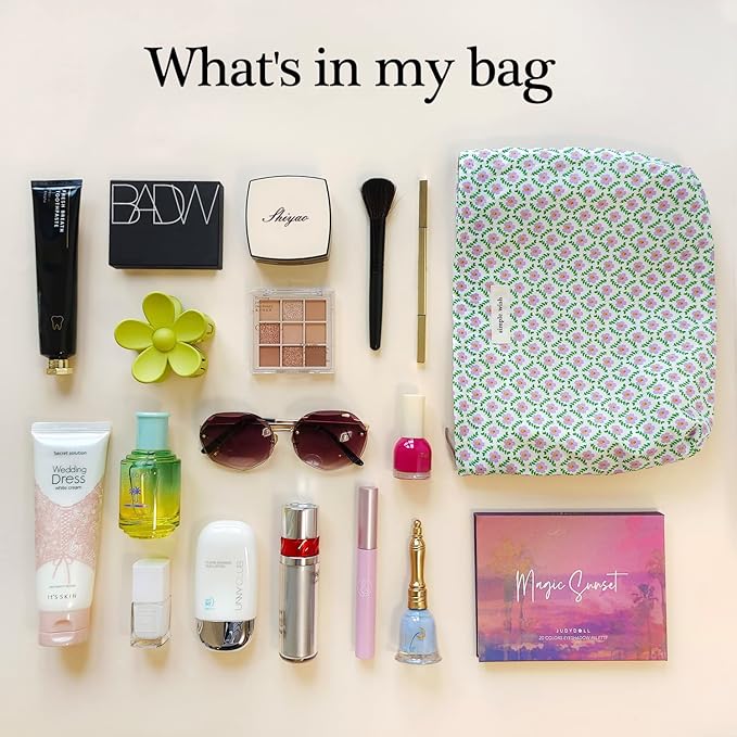 STARDW Aesthetic Floral Makeup Bag Cute Small Cosmetic Bags for Women Girls, Travel Toiletry Bag Large Capacity Zipper Makeup Pouch, Purse Organizer Pouches