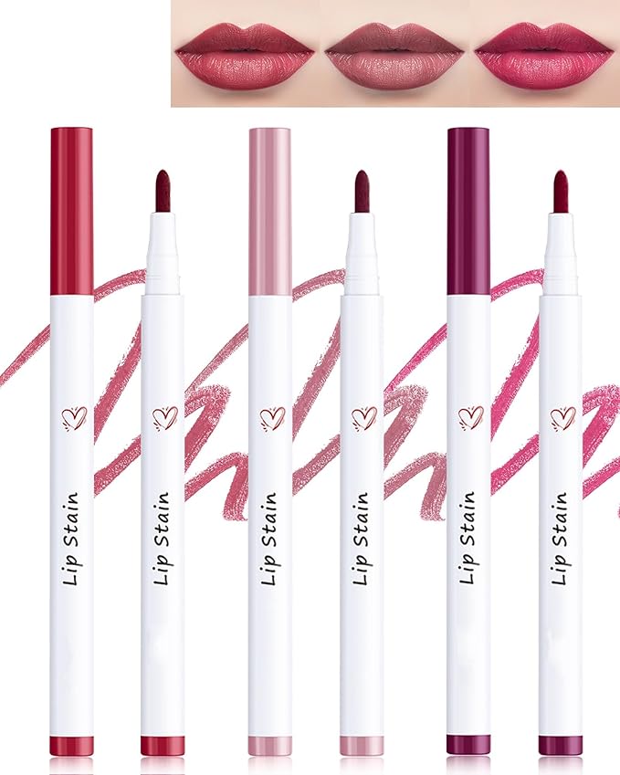 Lip Stain Liner Pen-Hydrating Lip Tint Stain Lip Makeup Tattoo Pencil,Matte Color Look,Longlasting Waterproof Lipstain Lipgloss,Precise Chisel Tip Smooth,Christmas Makeup Gift for Women-01+03+06