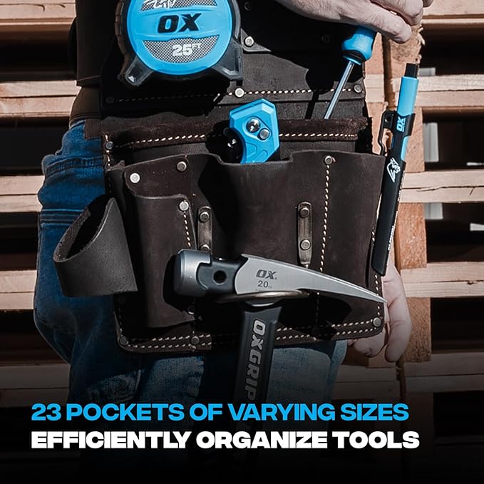 Ox Pro Drywall Tool Belt - 22-Pocket Leather Tool Belt Pouches - Belt (XL) Made of Oil-Tanned Leather with Double-Stitching and Steel Rivets - OX-P263806