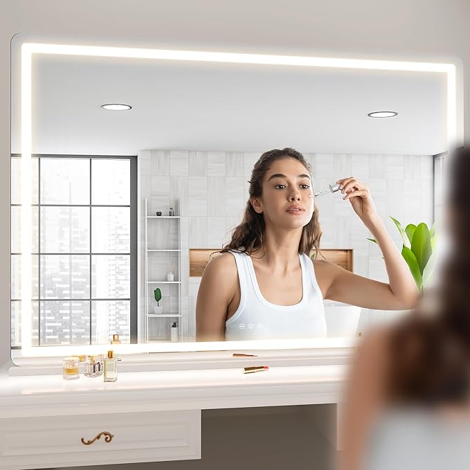 Hasipu Vanity Mirror with Lights, 41.3" x 30" LED Makeup Mirror, Lighted Makeup Mirror with Dimmable 3 Modes, Touch Screen Control Vanity Mirror Round White