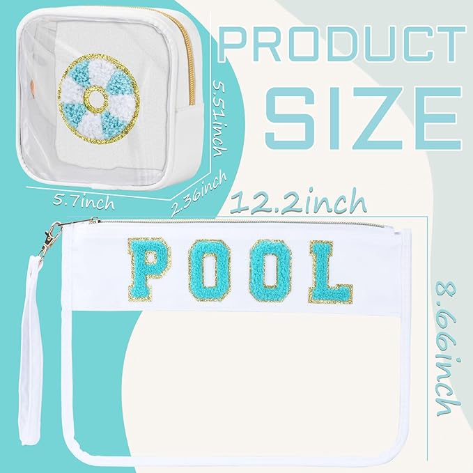 2 Pcs Pool Bag Cosmetic Makeup Bag with Chenille Letter Patch, Clear Pouch PVC Organizer Purse, Waterproof Travel Beach Bag, Portable Toiletry Storage Bag