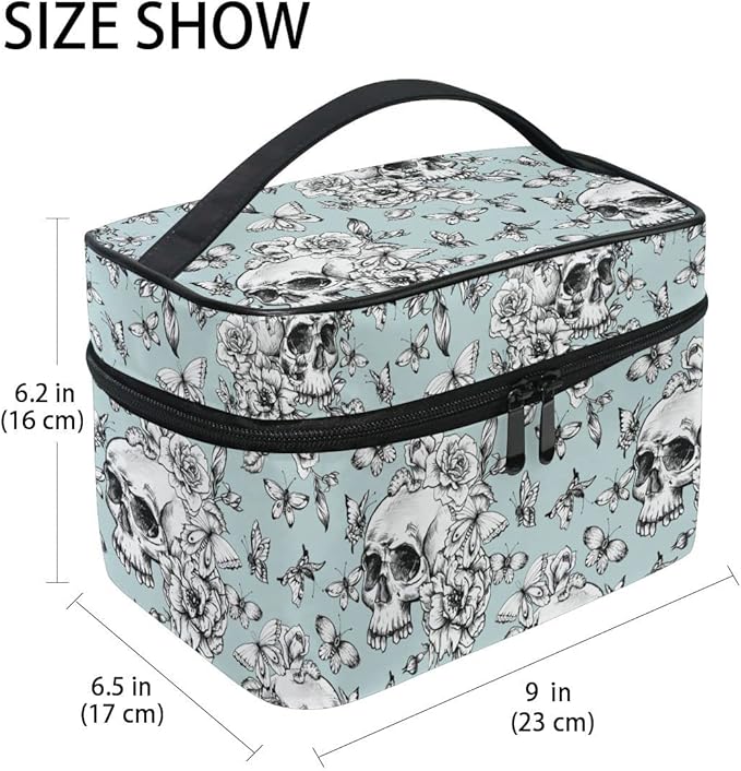 Skull Makeup Bag, Vintage Goth Skull Butterfly Makeup Organizer Bags Toiletry Bag Box Travel Cosmetic Bag Make Up Train Case for Women Teen Girl Ladies