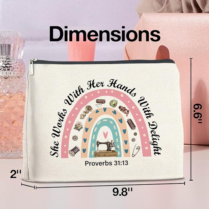 Sewing Lover Gifts Makeup Bag Gift for Quilter, Christian She Works with Her Hands in Delight Cosmetic Bag Zipper Makeup Pouch