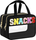 Chenille Letter Clear Makeup Bags, Snacks Bag for Travel, Preppy Patch Nylon Cosmetic Bag with Handles and Zipper, Waterproof Large Clear Travel Toiletry Bag Storage Bag for Women Black