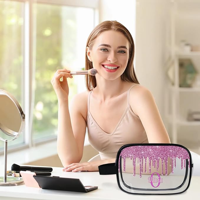 Personalized Transparent Travel Cosmetic Bag Waterproof Makeup Bags, Custom Name Clear Organizer Case Toiletries Container Bag, Orchid Pink Water Fluid Shape Shiny Glitters