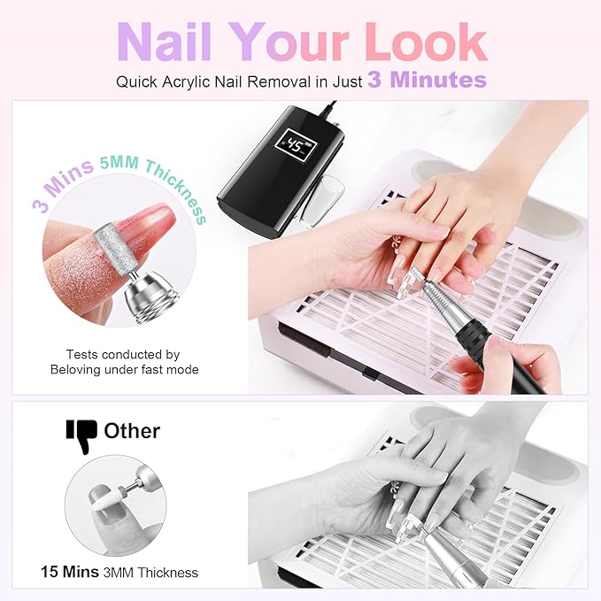 Beloving Portable Nail Drill Professional, 45000RPM Rechargeable Nail Drill Electric File Machine for Acrylic Gel Polish Remover, Cordless Nail Kit for Manicure Pedicure with 11 Bits for Salon (Black)
