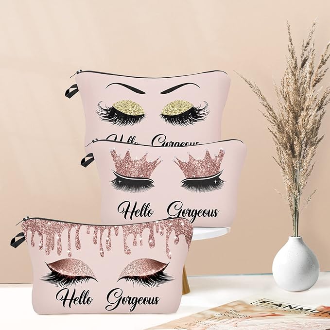 Hello Gorgeous Makeup Bag for Purse with Coin Purses 2PCS Set Eyelash Pink Cosmetic Bags for Women Small Funny Cosmetics Glitters Eyeshadows Travel Bag Cases