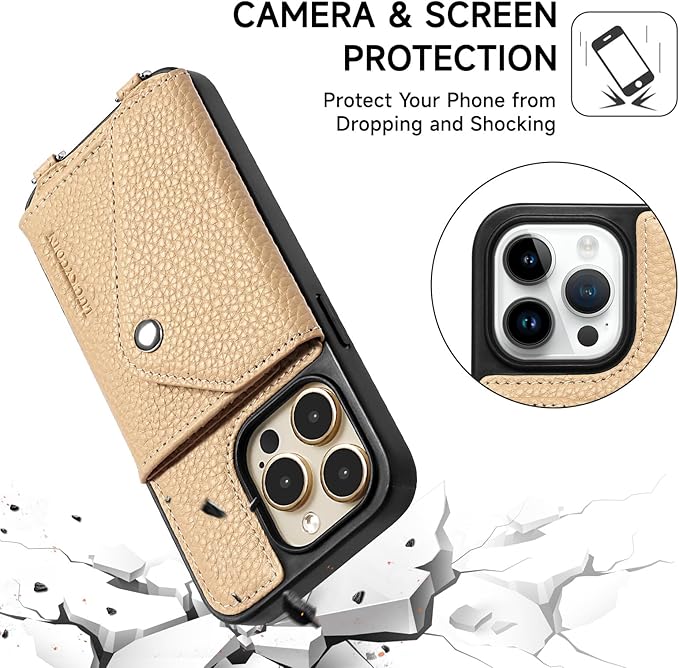 LUCKYCOIN Crossbody Wallet Phone Case for iPhone 14 Pro,100% Genuine Leather Wallet Phone Case with Expandable Flip Card Holder,Phone Purse for Women with Adjustable Removable Strap - Pebble Beige