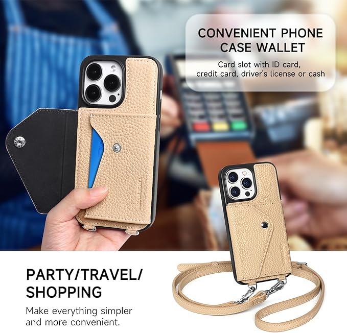 LUCKYCOIN Crossbody Wallet Phone Case for iPhone 14 Pro,100% Genuine Leather Wallet Phone Case with Expandable Flip Card Holder,Phone Purse for Women with Adjustable Removable Strap - Pebble Beige