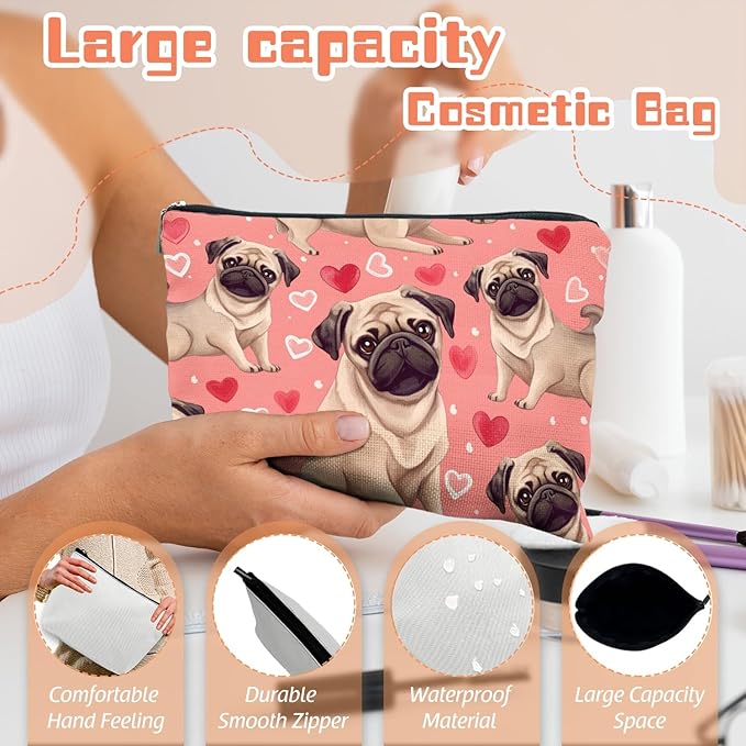 Makeup Bag Travel Cosmetic Bags Small Makeup Case Waterproof Zipper Pouch for Women Girls 7X9inches - Adorable Pug Pattern with Heart Elements