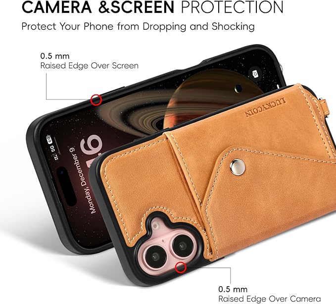 LUCKYCOIN Crossbody Wallet Phone Case for iPhone 16,100% Genuine Leather Wallet Phone Case with Expandable Flip Card Holder,Phone Purse for Women with Adjustable Removable Strap - Brown