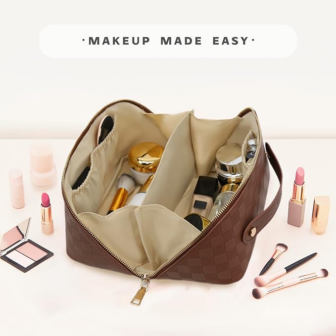 Travel Makeup Bag – Large Cosmetic Organizer with Waterproof PU Leather, Smooth Double Zipper & Tear-Resistant Lining, Toiletry Pouch for Women (Brown)