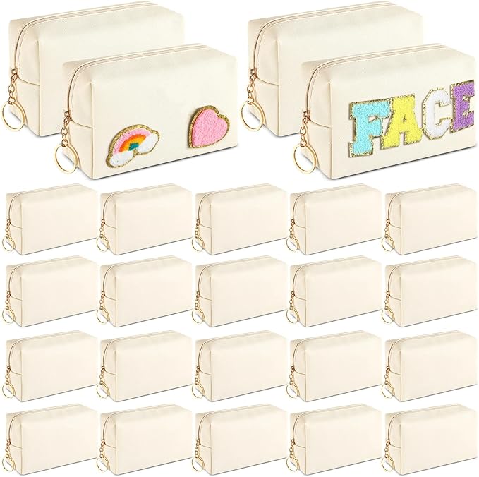 Chunful 24 Pcs Preppy Makeup Bag PU Leather Cosmetic Bag Bulk Makeup Plain Pouch Waterproof Toiletry Purse for Women Traveling Preppy Pencil Case Travel Purse Cosmetic(Beige)